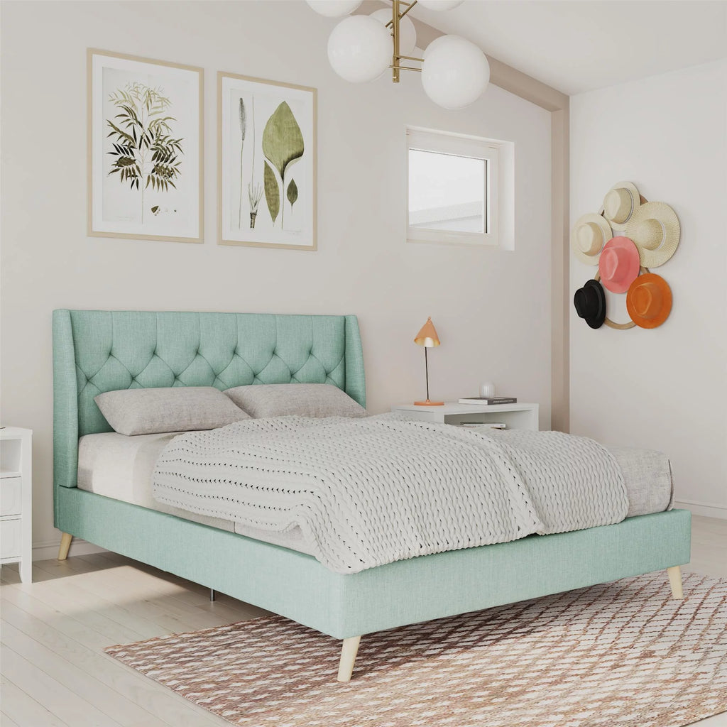 Queen Light Green Linen Tufted Upholstered Bed Frame F898