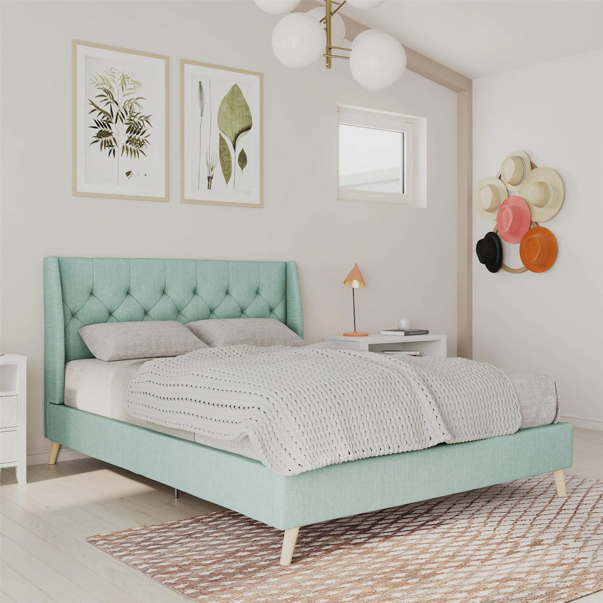 Queen Light Green Linen Tufted Upholstered Bed Frame F898