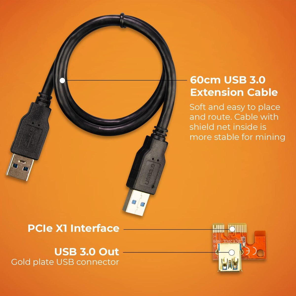 PCIE Riser 1x to 16x Graphic Extension 60cm USB 3.0 Cable Pack of 12 T519