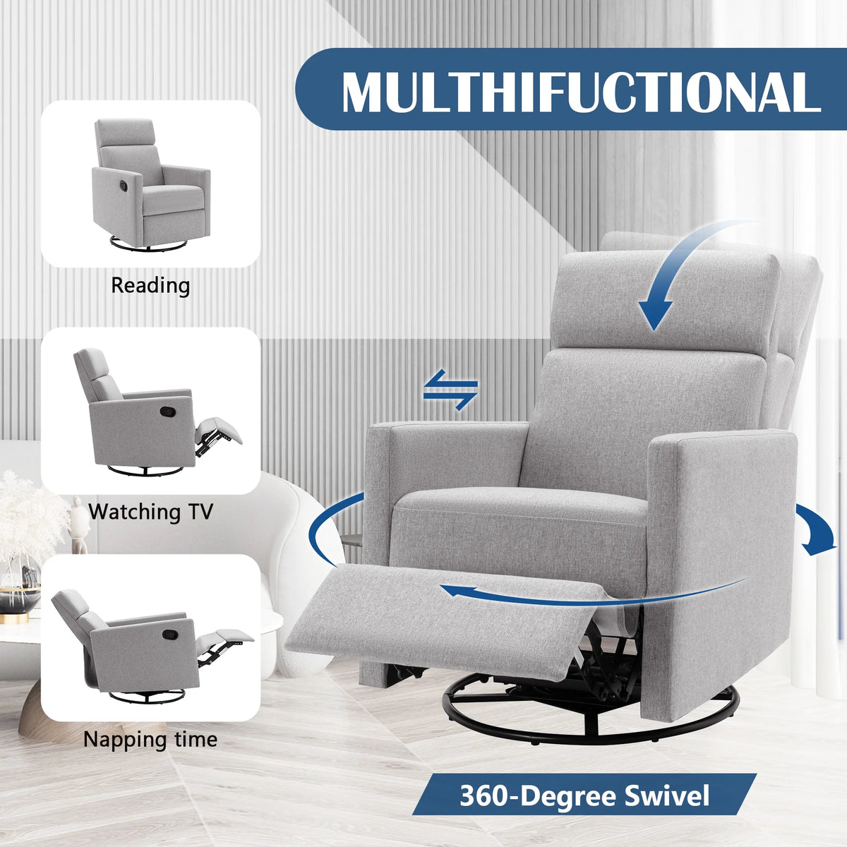 Gray Upholstered Swivel Recliner Chair P67016