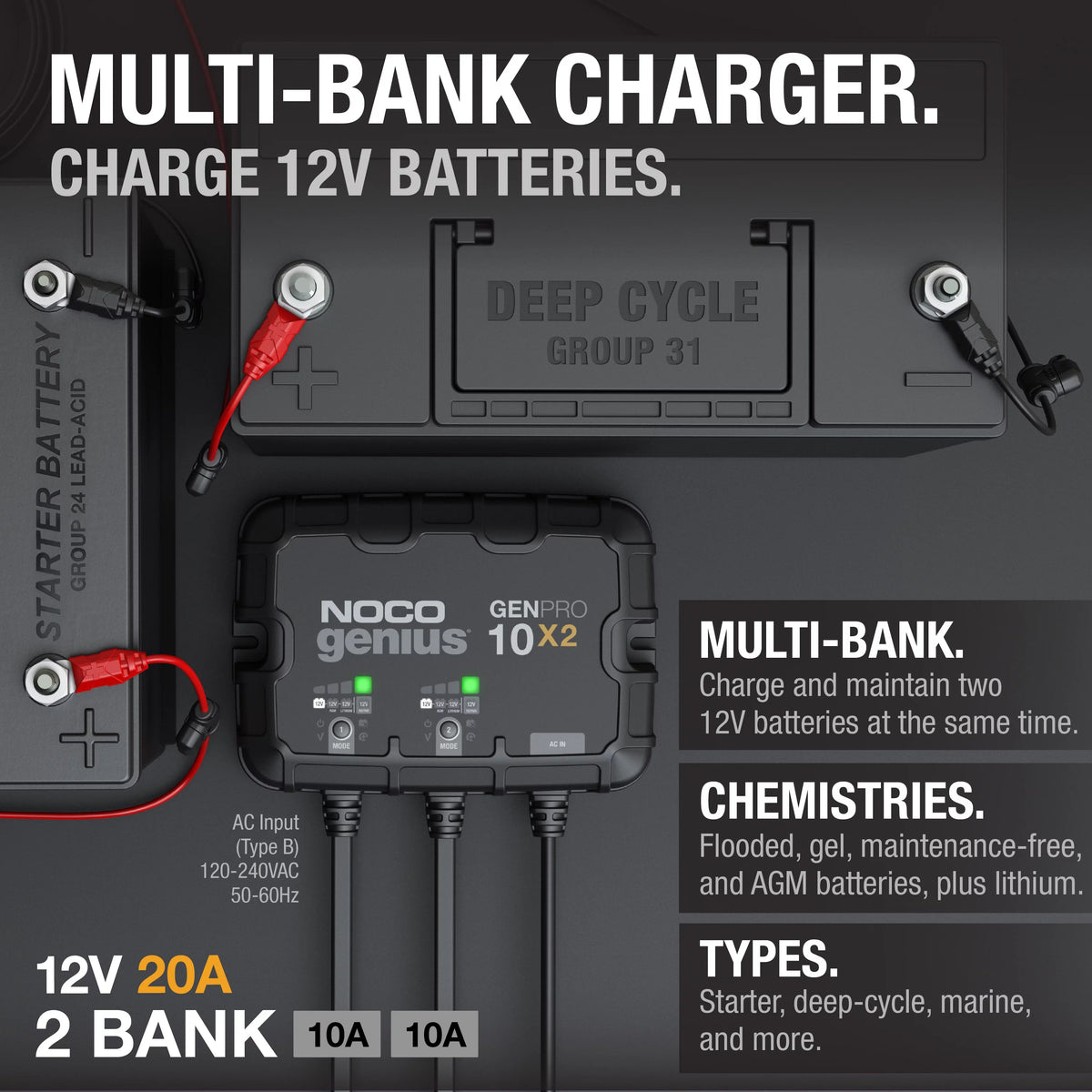 2-Bank 20A 12V Onboard Battery Charger Q3870