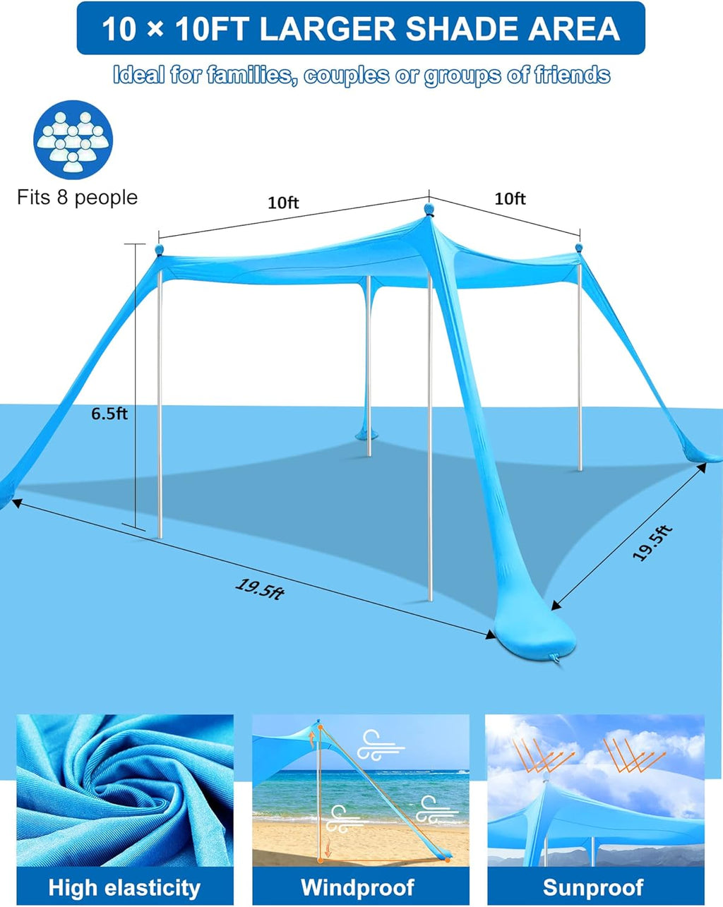 Beach Canopy with 4 Aluminum Poles, UPF50+ Sun Shelter, Pack of 2 U546368