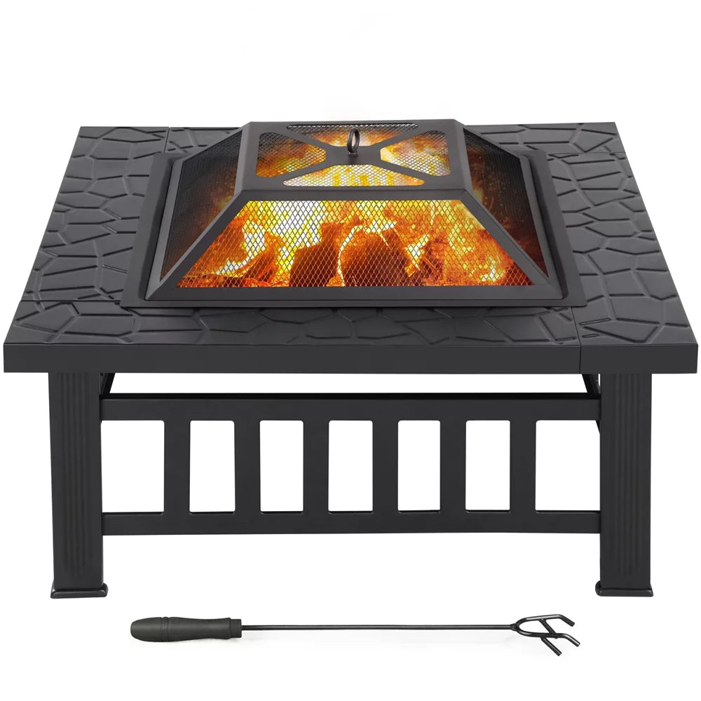 32'' Black Metal Square Fire Pit with Cover O9511