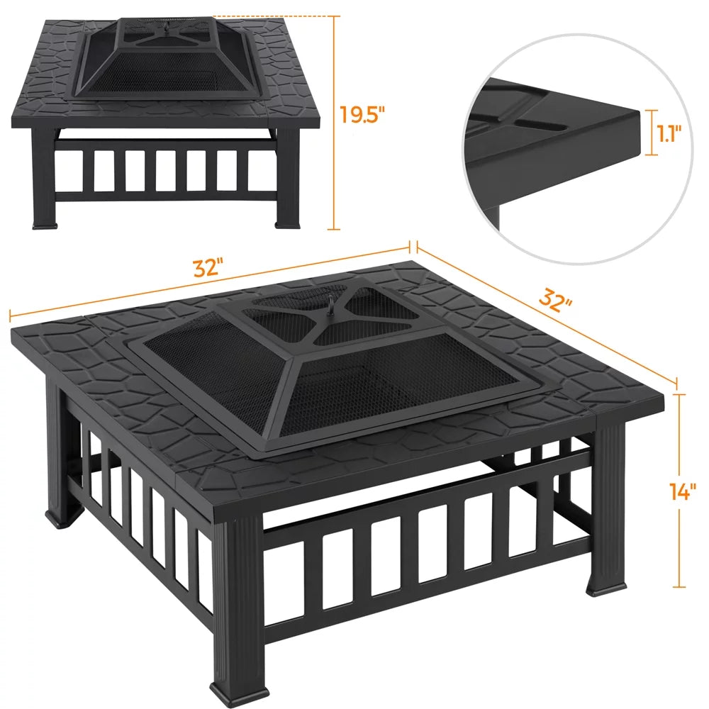 32'' Black Metal Square Fire Pit with Cover O9511