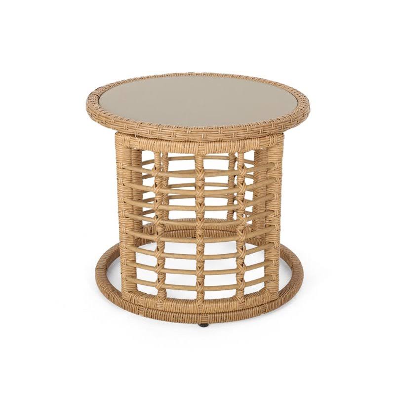 Tempered Glass Top Wicker Side Table in Light Brown I557775