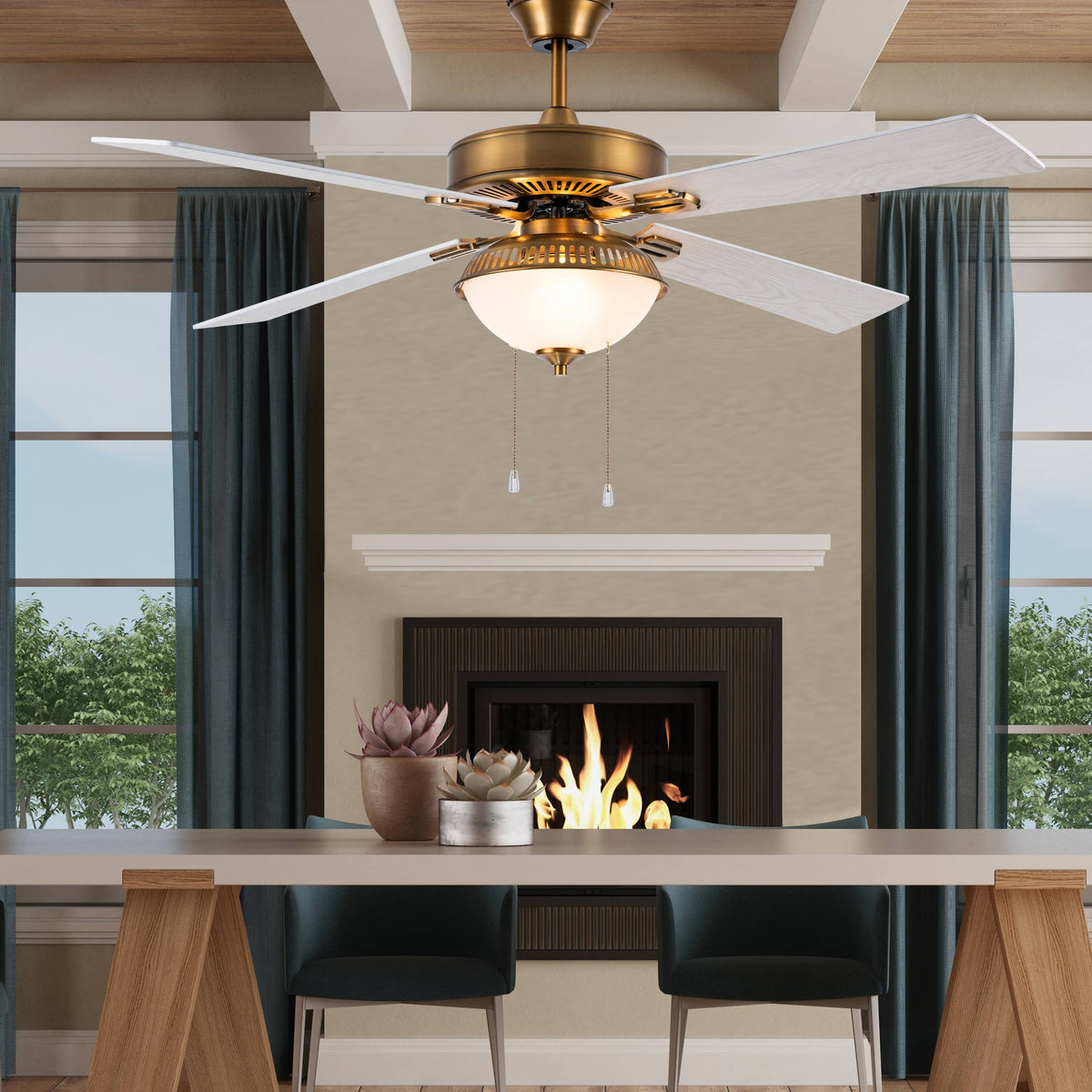 Brass and White LED Ceiling Fan with Light U925