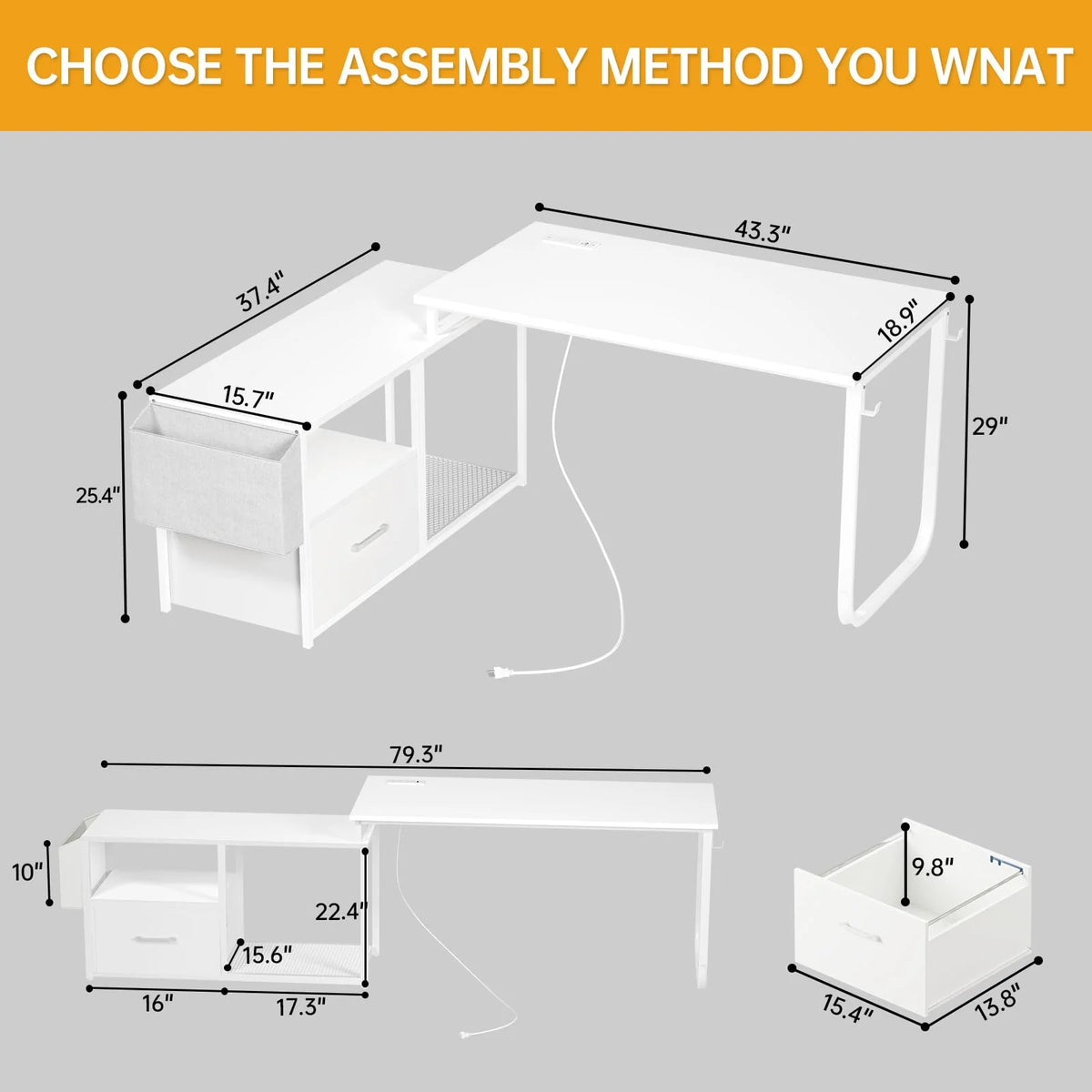 L Shaped Desk with LED Light and Power Outlet U429519