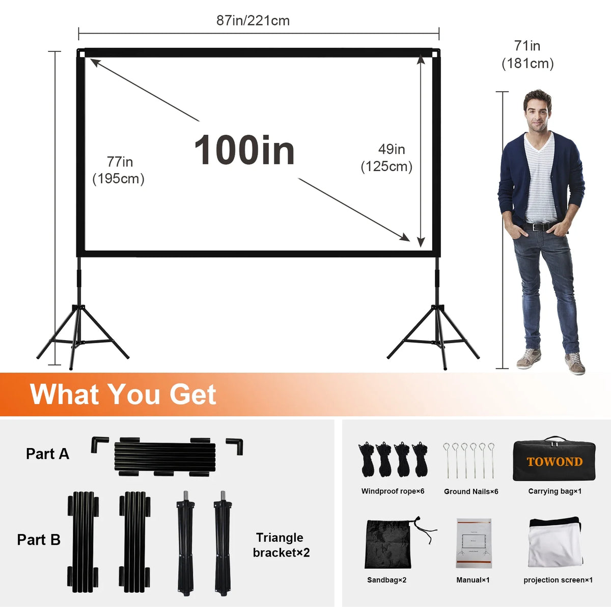 100inch Projector Screen with Stand 16:9 4K Wrinkle-Free with Carry Bag F435