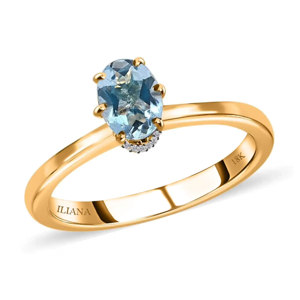 Oval Blue Aquamarine White Diamond 18K Yellow Gold Ring Size 7 M9309