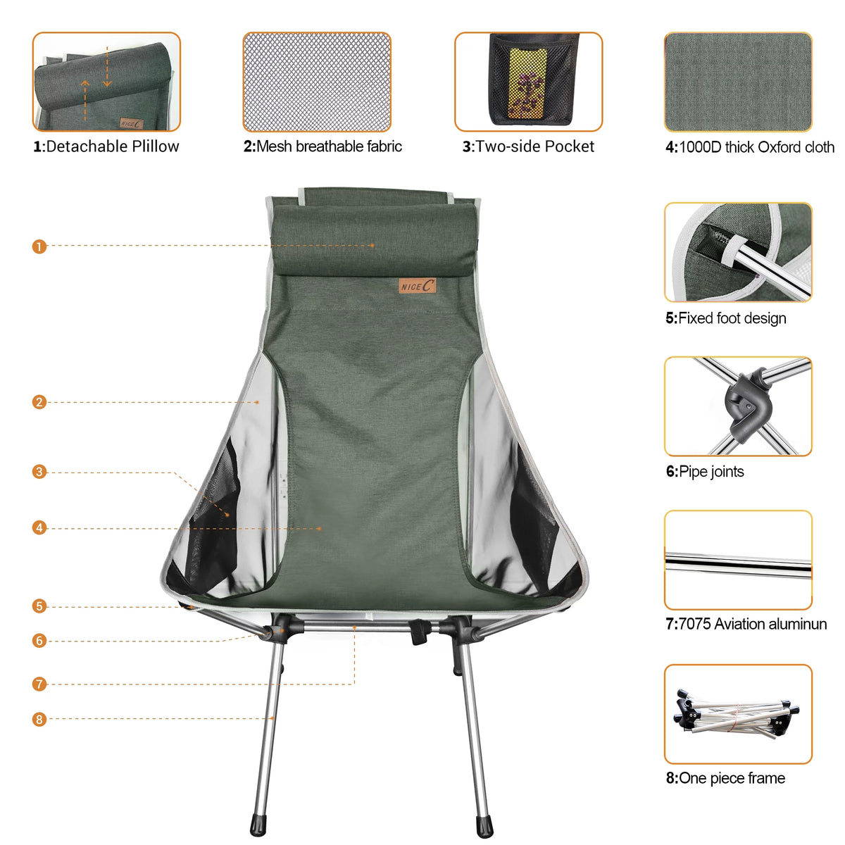 Ultralight High Back Folding Camping Chair with Headrest and Carry Bag, 2 Pack E678225