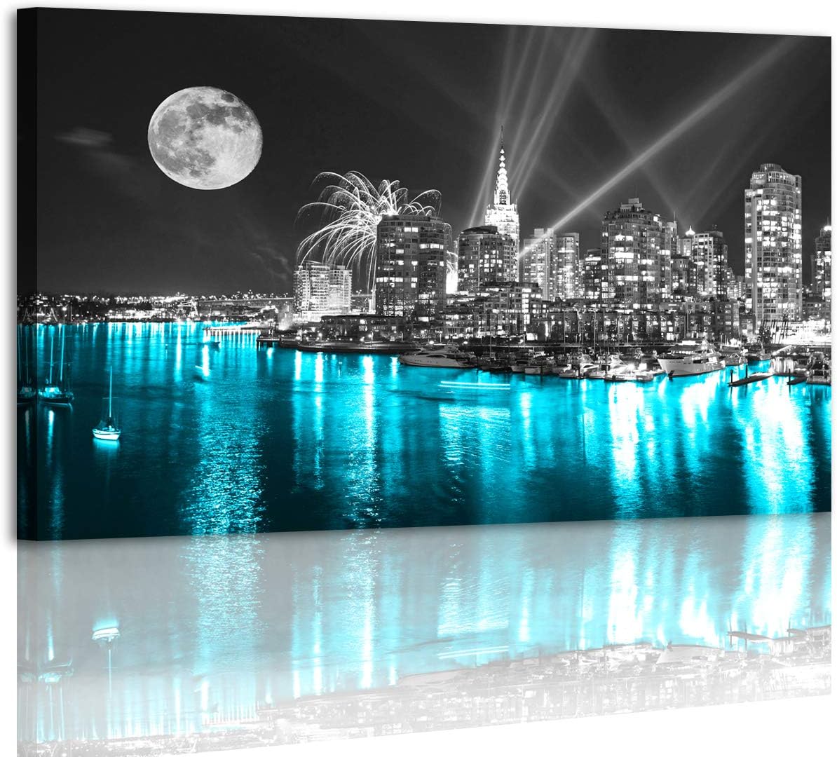 Moon Painting Wall Art Canvas Prints Cityscape Poster Lighted New York City Skyline Pictures Wooden Framed Artwork 20x40 Inches A20149