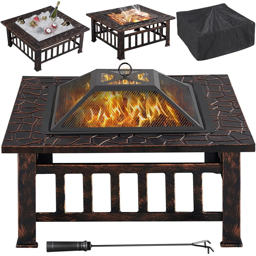 32'' Black Metal Square Fire Pit with Cover O9511