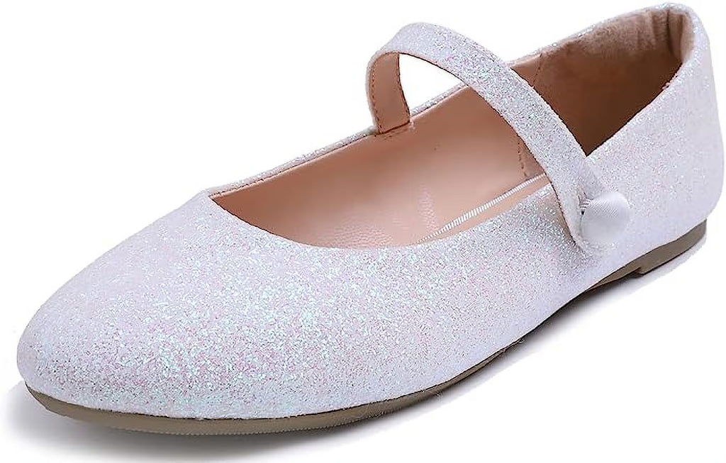 White Glitter Mary Jane Slip On Flats O64466