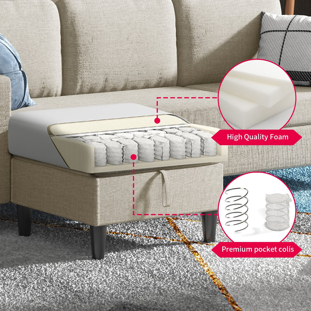 Beige Linen Sectional Sofa with Storage Ottoman G128464