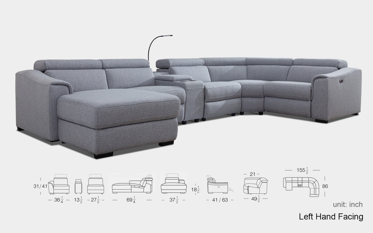 Light Grey 6 Pc Reclining Sectional with Left Hand Facing Chaise H40763