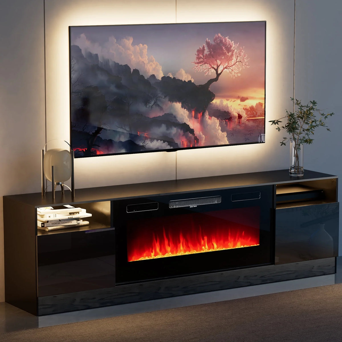 Black Fireplace TV Stand up to 80" with 36'' Electric Fireplace T9454