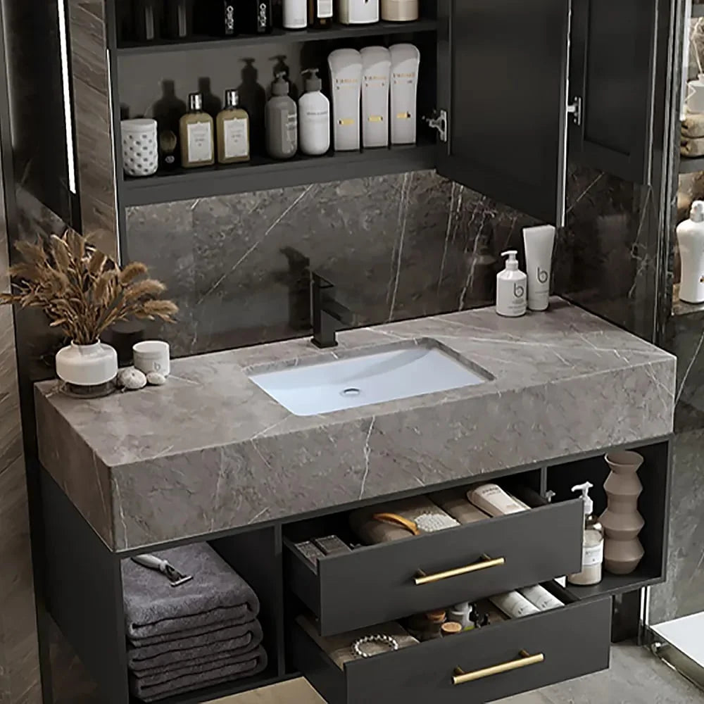 40" Black & Gray Bathroom Vanity with Sintered Stone Vessel Sink Y871126