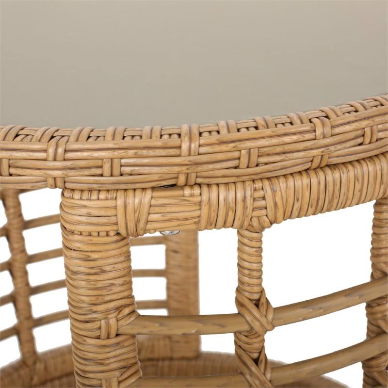 Tempered Glass Top Wicker Side Table in Light Brown I557775