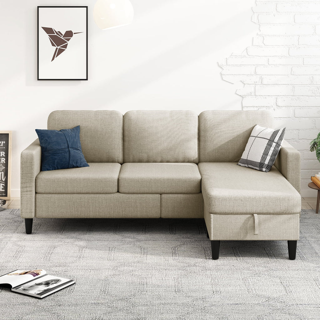 Beige Linen Sectional Sofa with Storage Ottoman G128464