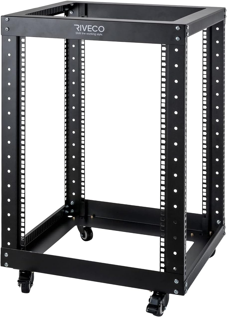 18U 4 Post Open Frame Server Rack with Brake Casters Black E30230