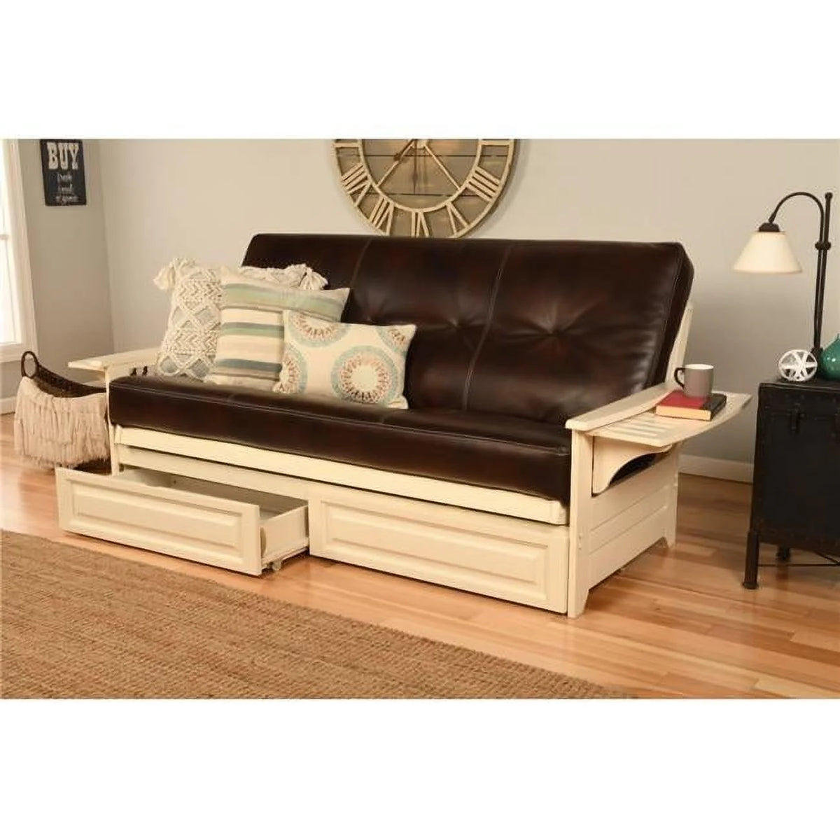 Antique White Full Size Futon Frame with Mattress & Storage Drawers W377611