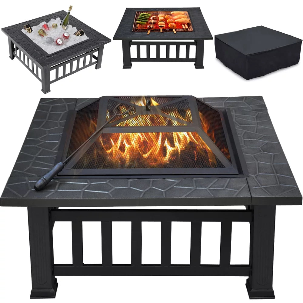 32'' Black Metal Square Fire Pit with Cover O9511