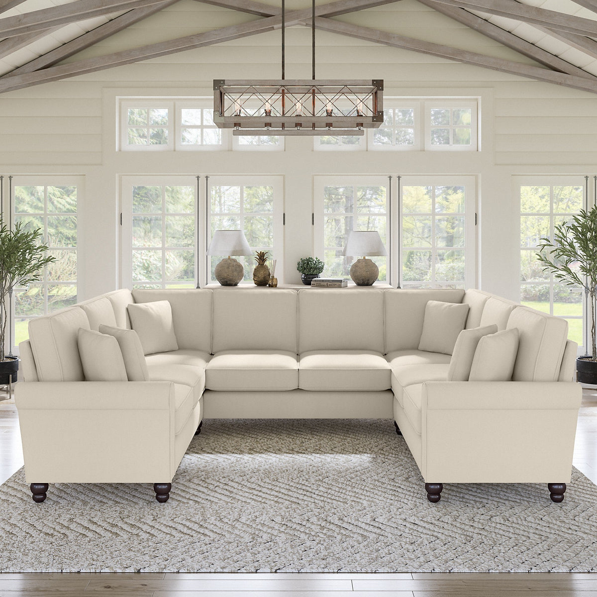 Cream Herringbone U Shaped Sectional Couch R9868