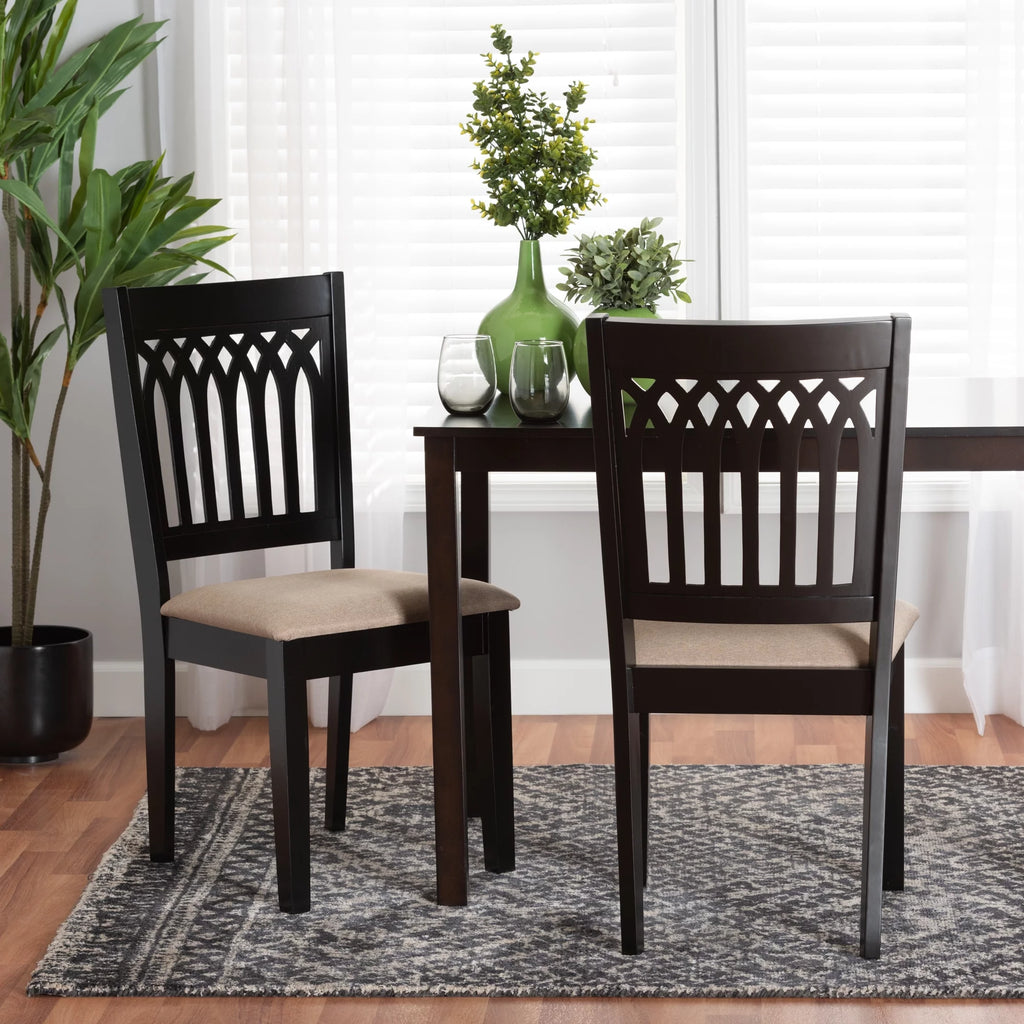Beige Fabric Dark Brown Wood 2-Piece Dining Chair Set W644