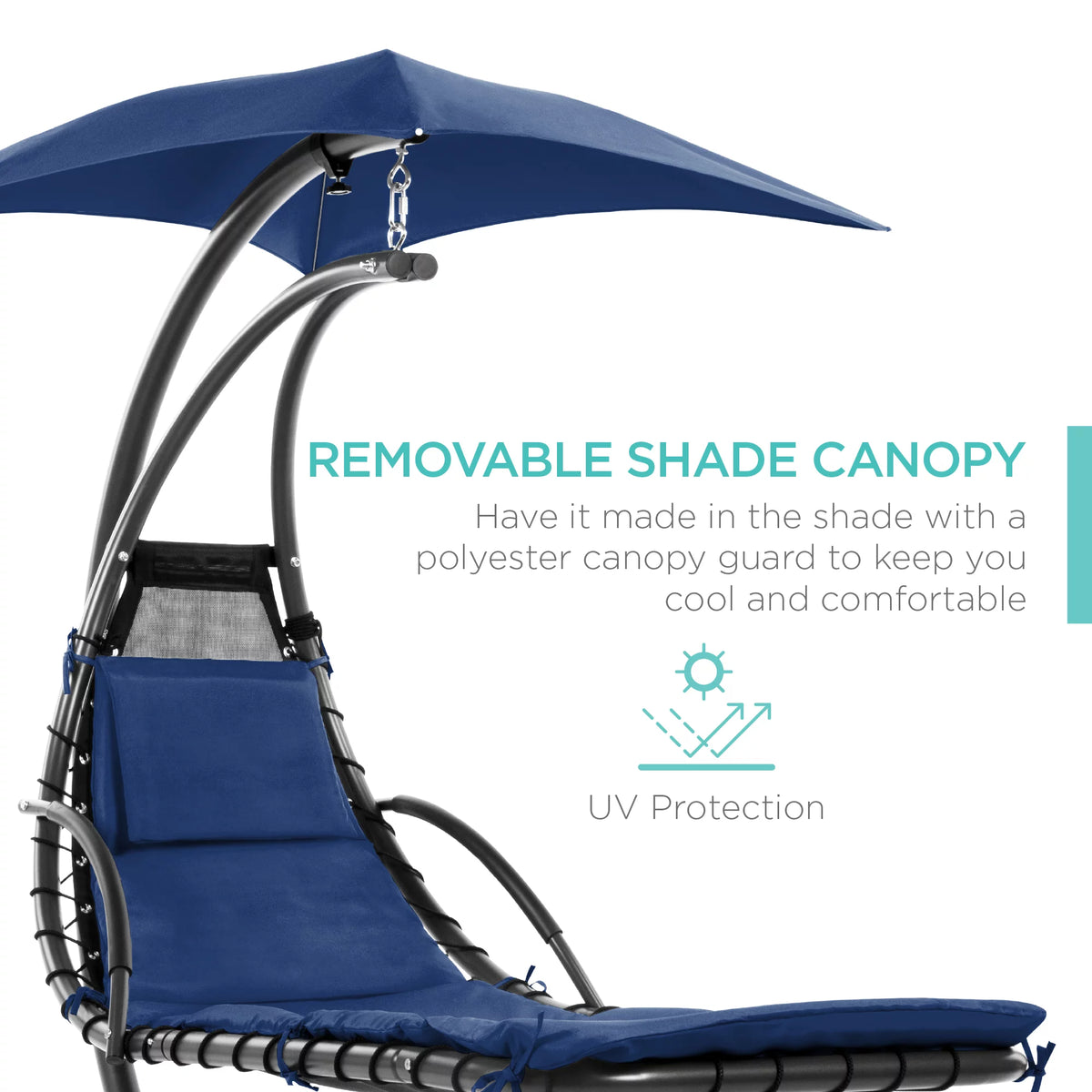 Hanging Curved Chaise Lounge Chair Swing with Pillow, Shade, Stand Navy Blue H673