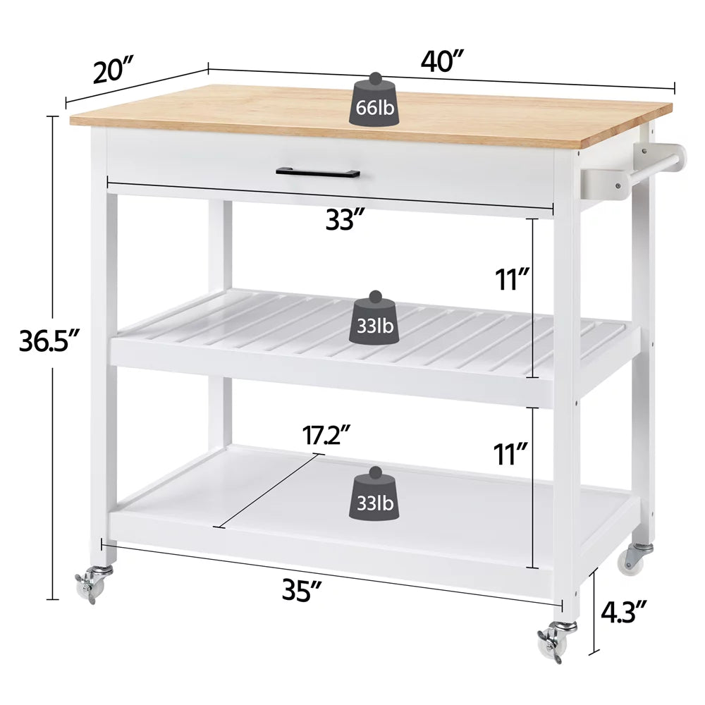 White Kitchen Island Cart with Wheels Storage Drawer T912