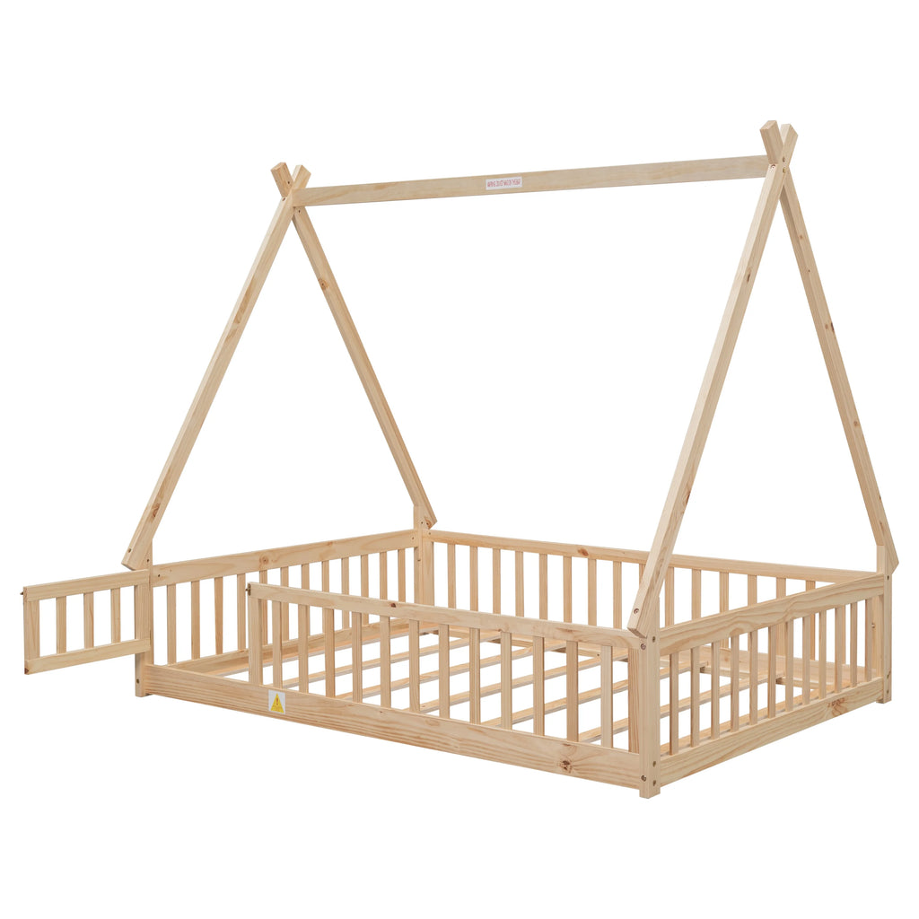 Tent-shaped Floor Bed with Guardrails, Slats, Door R250543