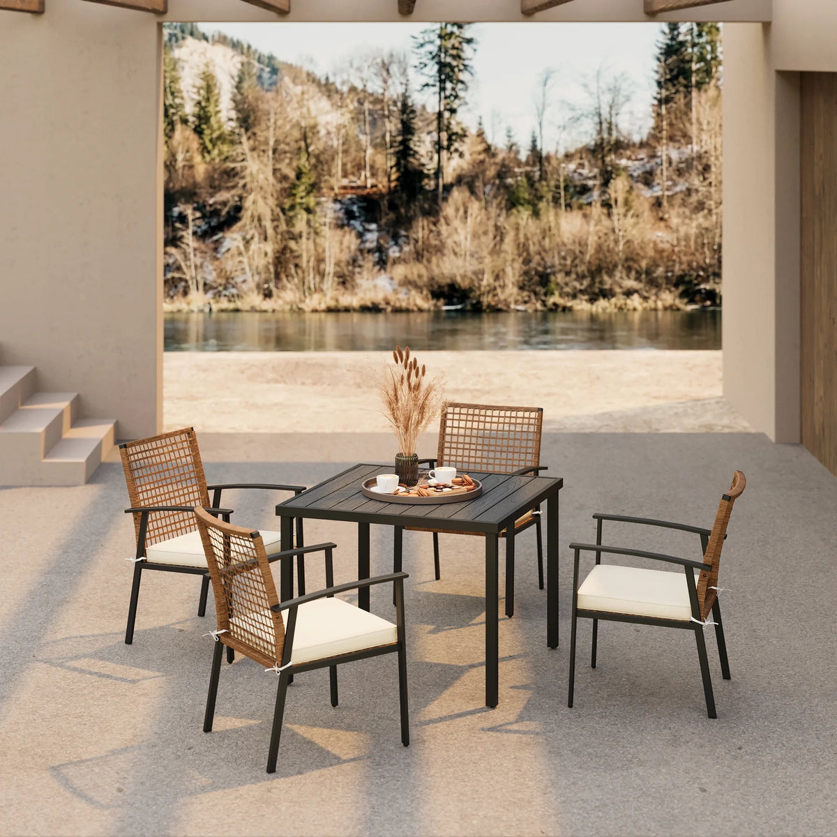 5 Pieces Patio Dining Set with Beige Seat Cushions and Table W30355