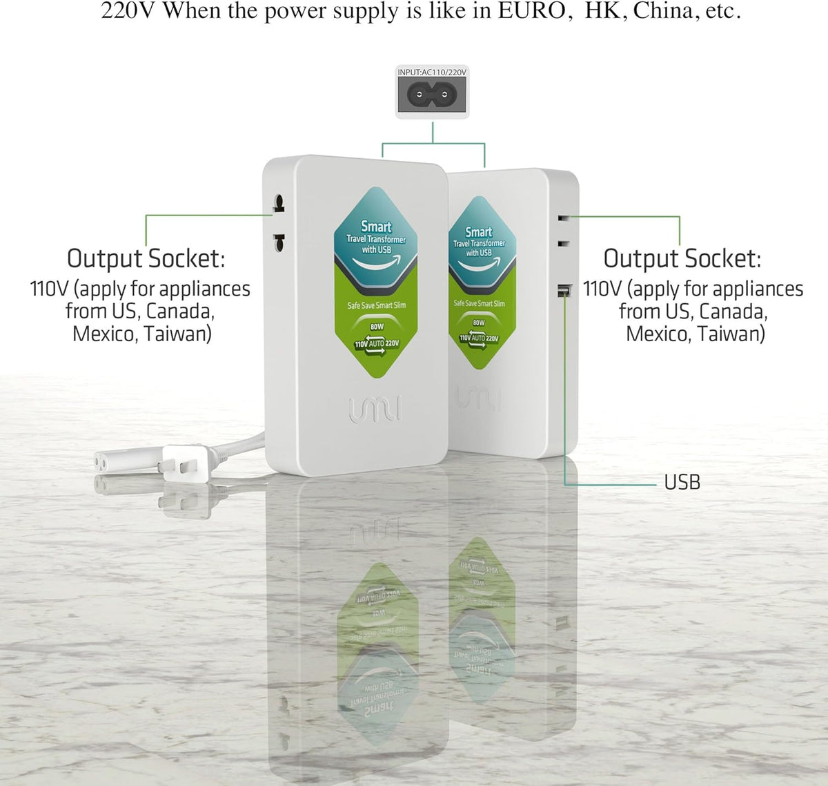 Voltage Converter 80W with USB Charging Port, Pack of 2 F1750