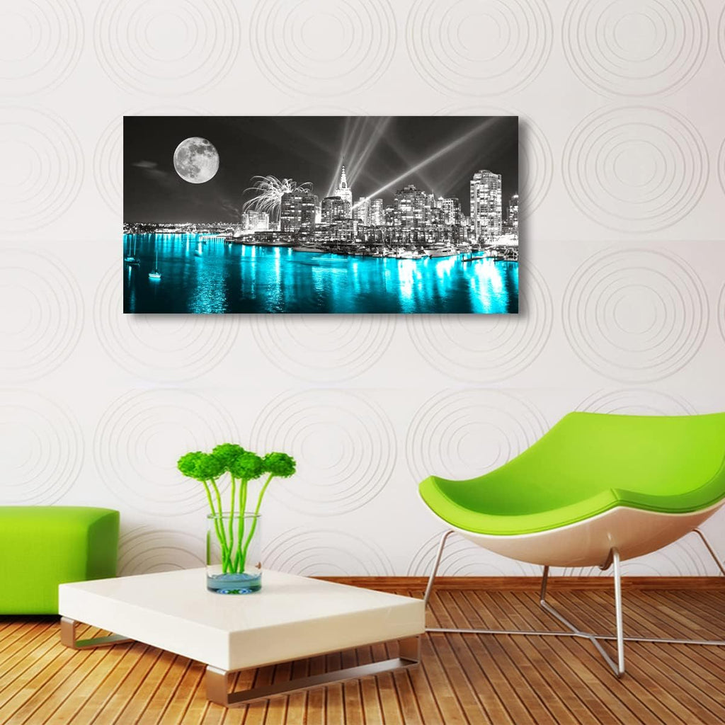 Moon Painting Wall Art Canvas Prints Cityscape Poster Lighted New York City Skyline Pictures Wooden Framed Artwork 20x40 Inches A20149