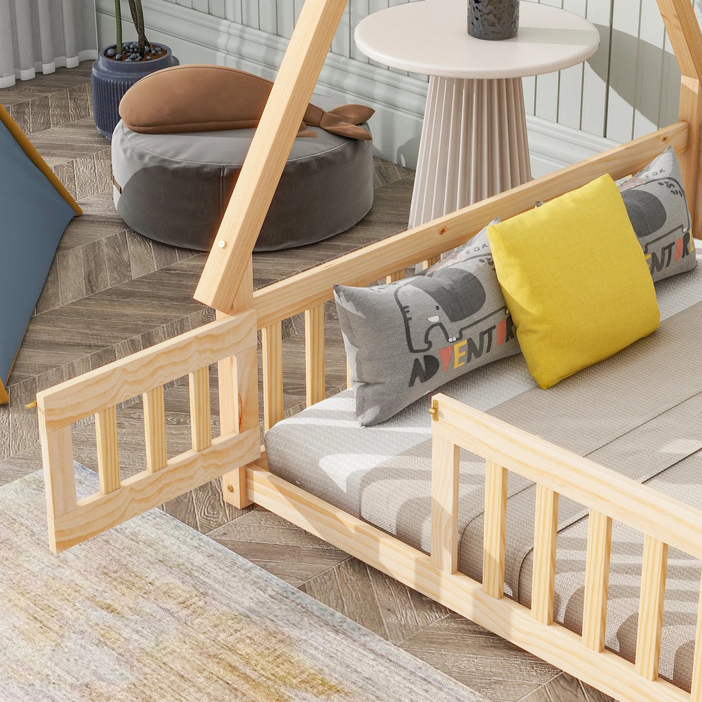 Tent-shaped Floor Bed with Guardrails, Slats, Door R250543