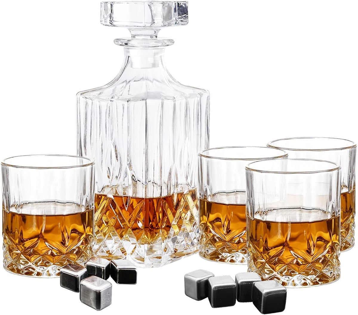 Crystal Whiskey Decanter Set with 4 Glasses and Chilling Whiskey Stones W237