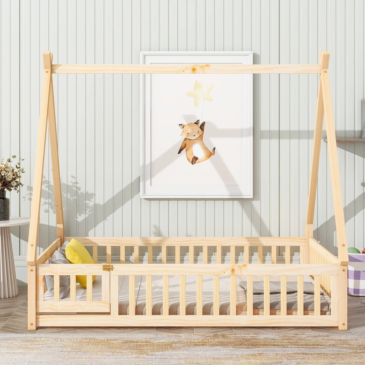 Tent-shaped Floor Bed with Guardrails, Slats, Door R250543