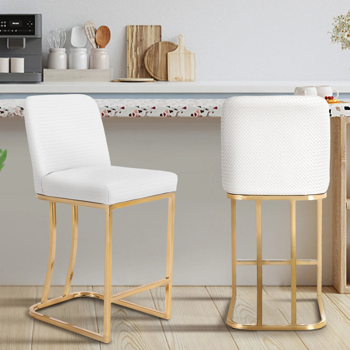 White & Gold 24 inch Bar Stools with Back Set of 2 P1759