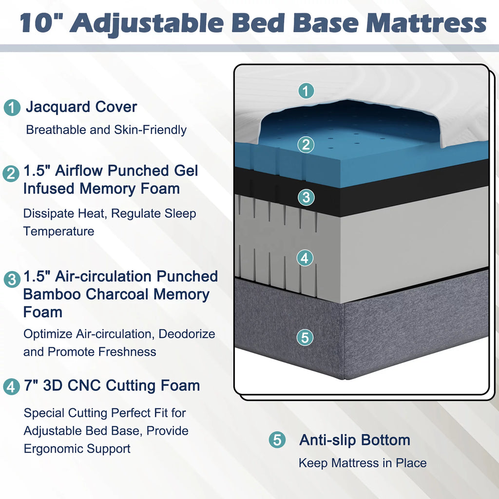 10'' Twin XL Adjustable Bed Mattress White N2917