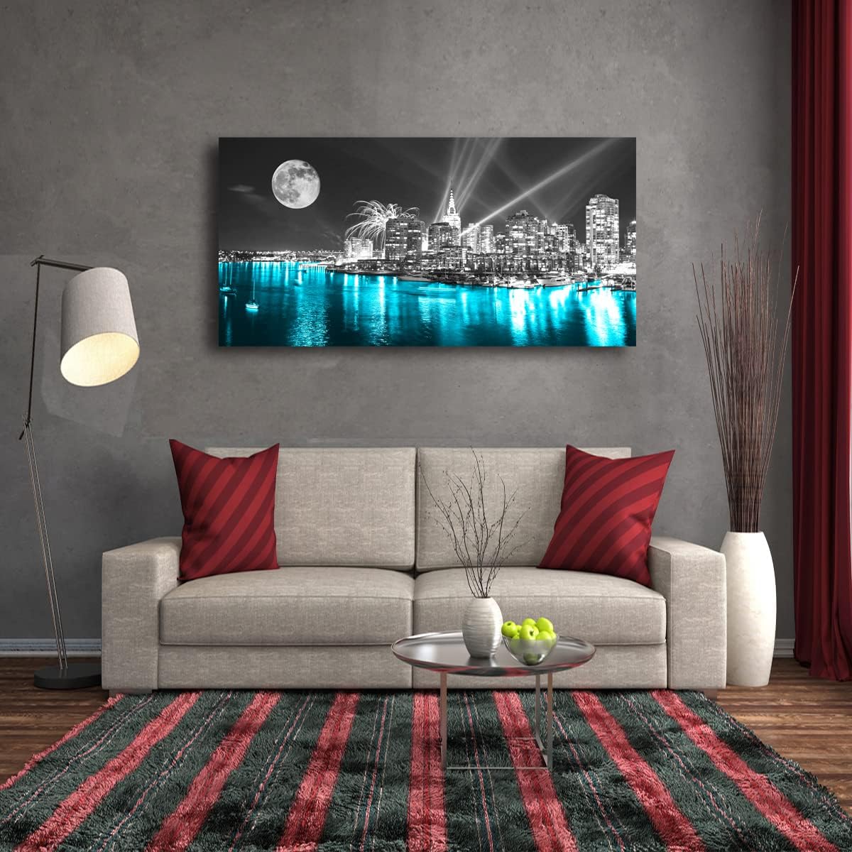 Moon Painting Wall Art Canvas Prints Cityscape Poster Lighted New York City Skyline Pictures Wooden Framed Artwork 20x40 Inches A20149