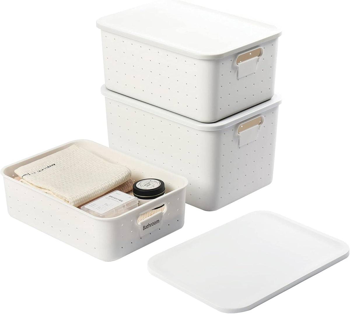 Set of 3 Plastic Storage Bins with Lid, White Stackable Organizer Lidded Basket with Writable Label S857