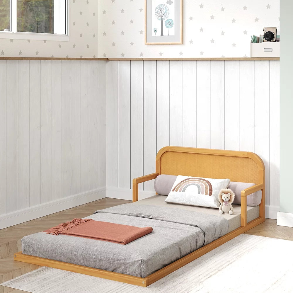 Twin Floor Bed Frame with Headboard Solid Pine Wood Natural M90276